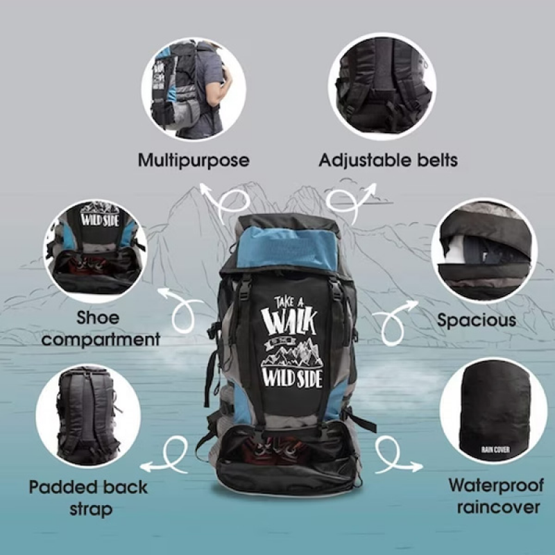 Blue And Black Printed Trekking Hiking Travel Bag